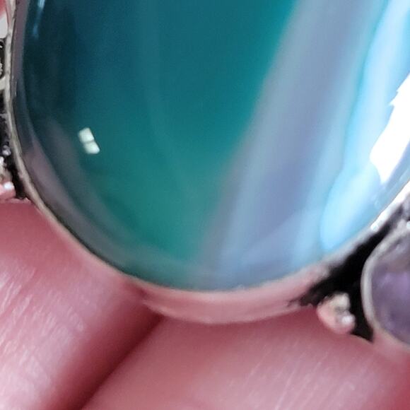 Blue Banded Agate, Shiva Eye Shell & Amethyst Pendant, Sterling Silver Necklace - Picture 2 of 10